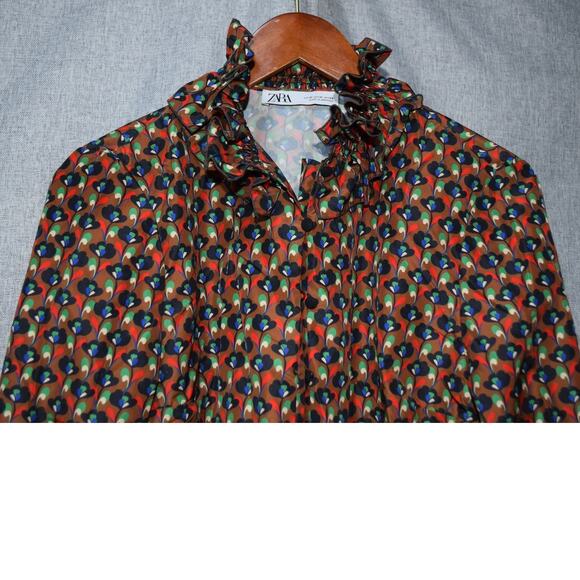 Zara Multi-Color Floral Geometric Print Ruffle Collar Blouse – Size M - Picture 2 of 4